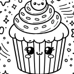 A simple, cute cupcake coloring page. The cupcake has swirled frosting with a cherry on top and a few sprinkles scattered on the frosting. The cupcake_result