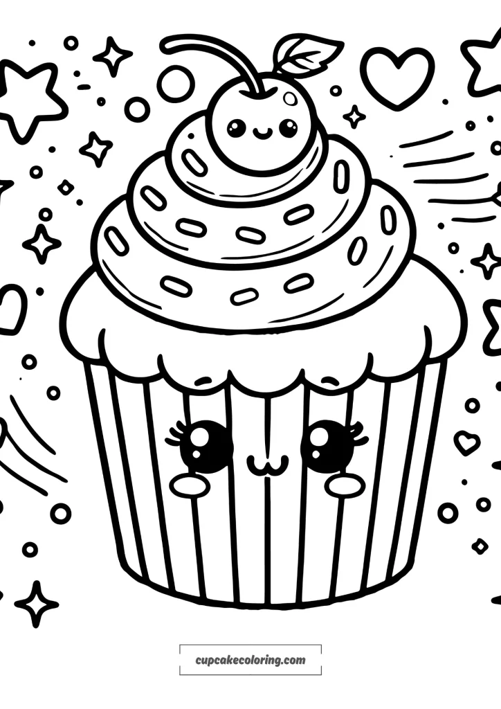 A simple, cute cupcake coloring page. The cupcake has swirled frosting with a cherry on top and a few sprinkles scattered on the frosting. The cupcake_result