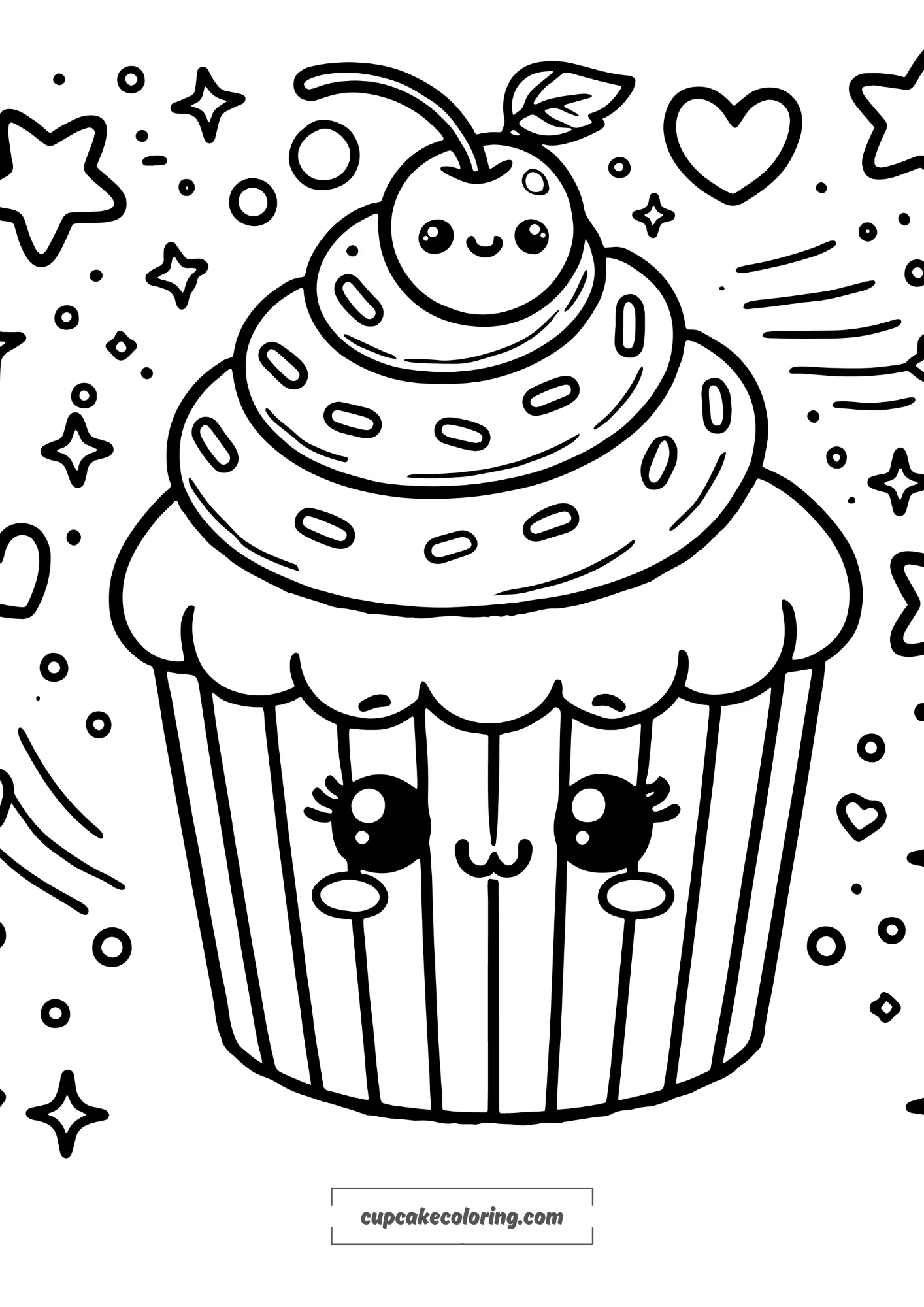 A simple, cute cupcake coloring page. The cupcake has swirled frosting with a cherry on top and a few sprinkles scattered on the frosting. The cupcake_result