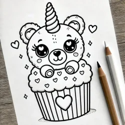 A simple, cute teddy bear cupcake coloring page with a unicorn horn. The cupcake has a topping shaped like a teddy bear, which has heart-shaped eyes 2