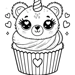 A simple, cute teddy bear cupcake coloring page with a unicorn horn. The cupcake has a topping shaped like a teddy bear, which has heart-shaped eyes w