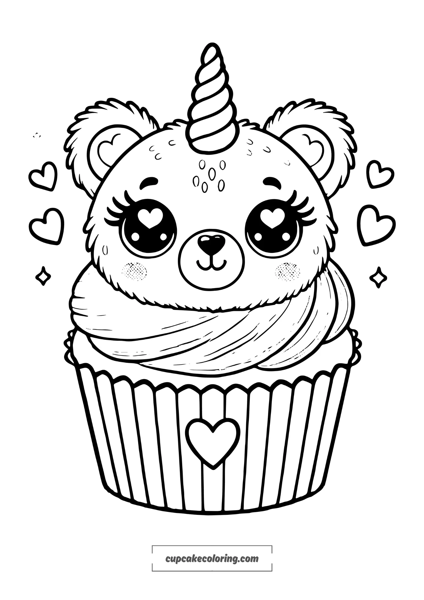 A simple, cute teddy bear cupcake coloring page with a unicorn horn. The cupcake has a topping shaped like a teddy bear, which has heart-shaped eyes w