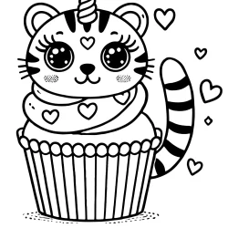 A simple, cute tiger cupcake coloring page with a unicorn horn. The cupcake has a topping shaped like a tiger, which has heart-shaped eyes with deep,