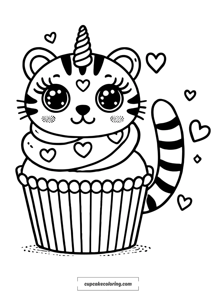 A simple, cute tiger cupcake coloring page with a unicorn horn. The cupcake has a topping shaped like a tiger, which has heart-shaped eyes with deep,