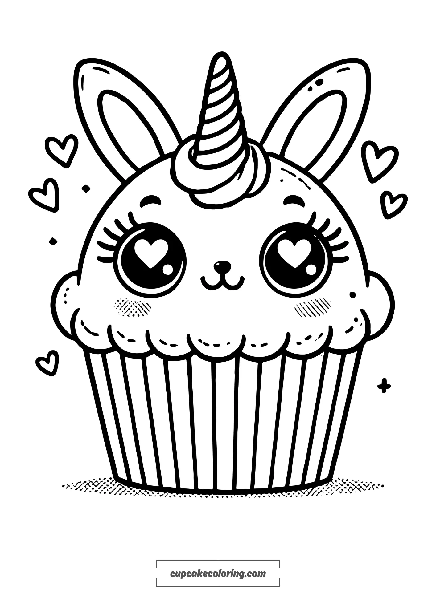 A simple, extra adorable bunny cupcake coloring page with a unicorn horn. The cupcake has a topping shaped like an extremely cute bunny head