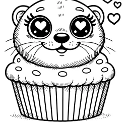 A simple, super cute and extra funny beaver cupcake coloring page. The cupcake has a topping shaped like an adorable and humorous beaver head