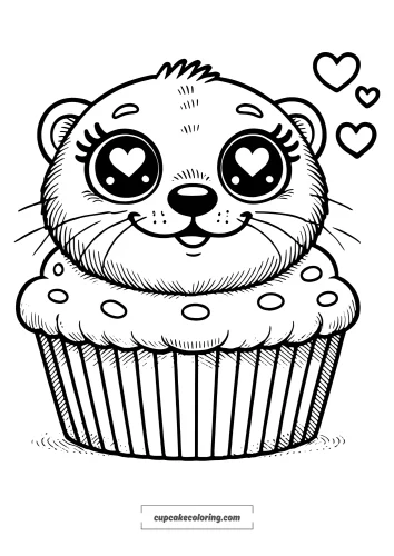 A simple, cute tiger cupcake coloring page with a unicorn horn. The cupcake has a topping shaped like a tiger, which has heart-shaped eyes with deep,