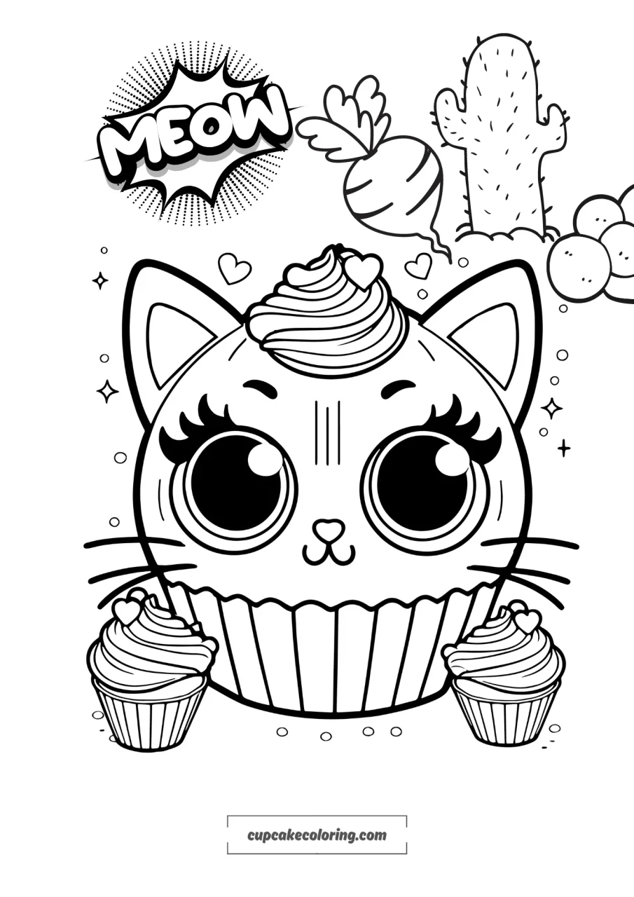 Funny cat cupcake picture to color free printable