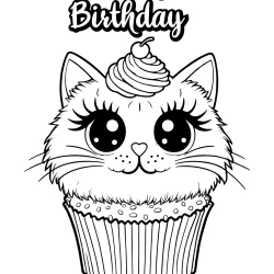 Happy birthday cat cupcake coloring page