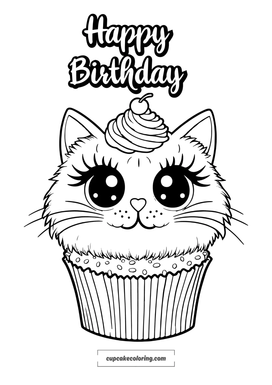 Happy birthday cat cupcake coloring page