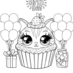 Happy birthday cat cupcake coloring page with baloons and gifts