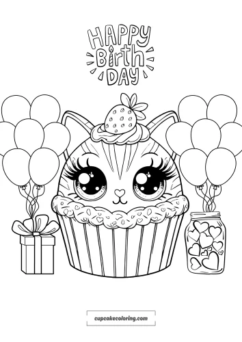 Happy birthday cat cupcake coloring page with baloons and gifts