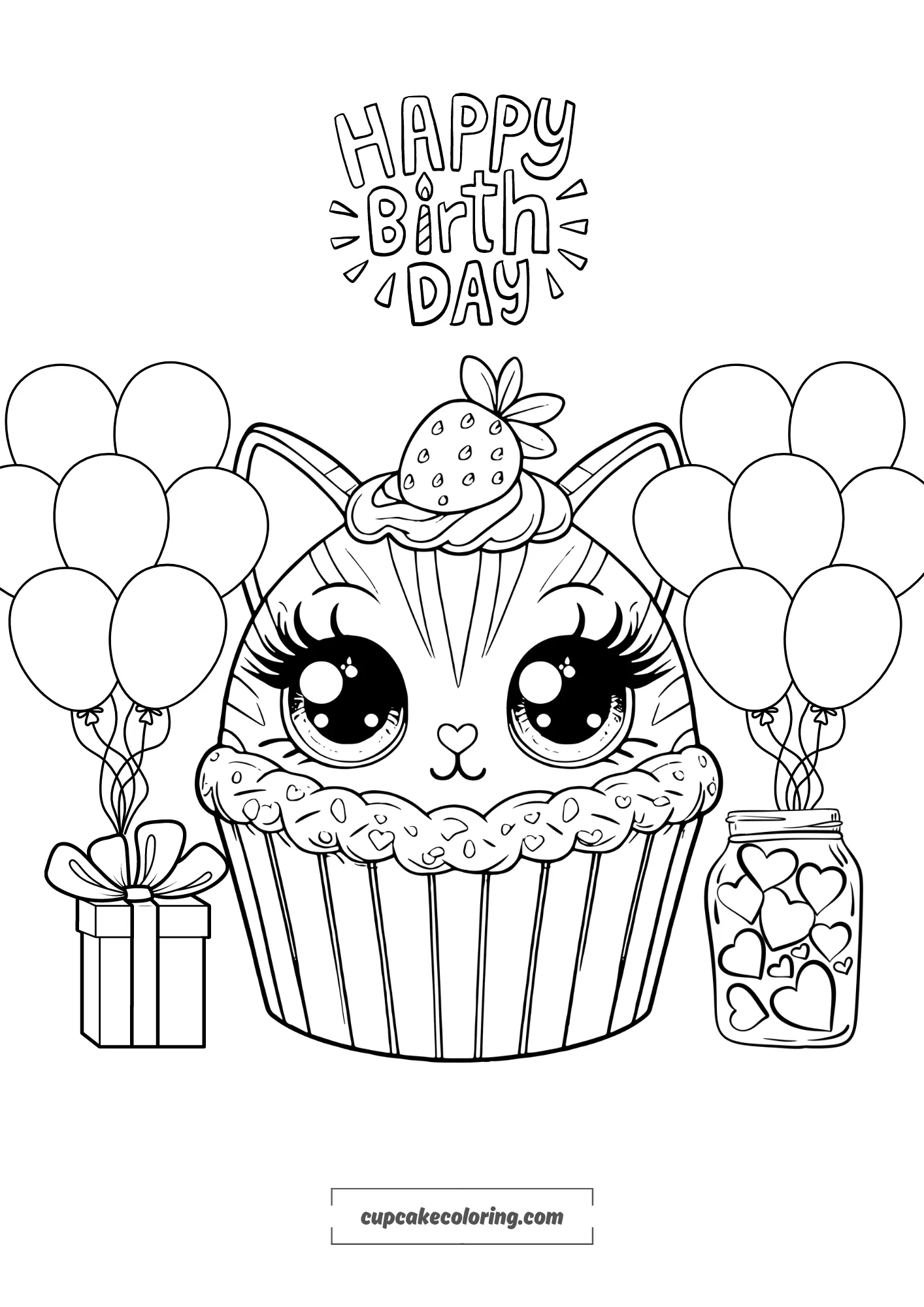 Happy birthday cat cupcake coloring page with baloons and gifts