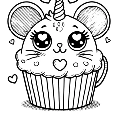 Super cute and funny mouse cupcake coloring page with a unicorn horn. The cupcake has a topping shaped like an adorable