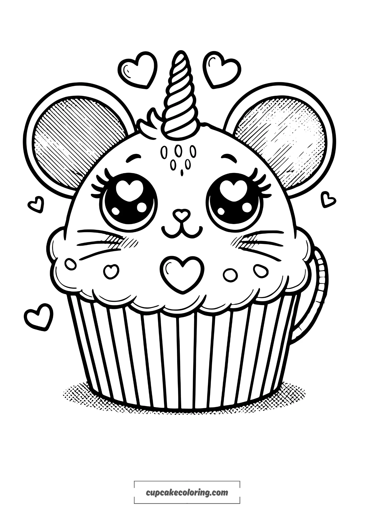 Super cute and funny mouse cupcake coloring page with a unicorn horn. The cupcake has a topping shaped like an adorable