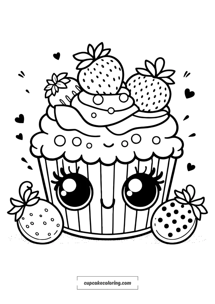 adorable cupcake image to color wiht strawberries free to print