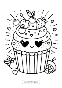 blank cupcake coloring page free printable with fruits and hearts eyes