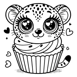 cheetah cupcake coloring page. The cupcake has a topping shaped like an adorable and humorous cheetah head