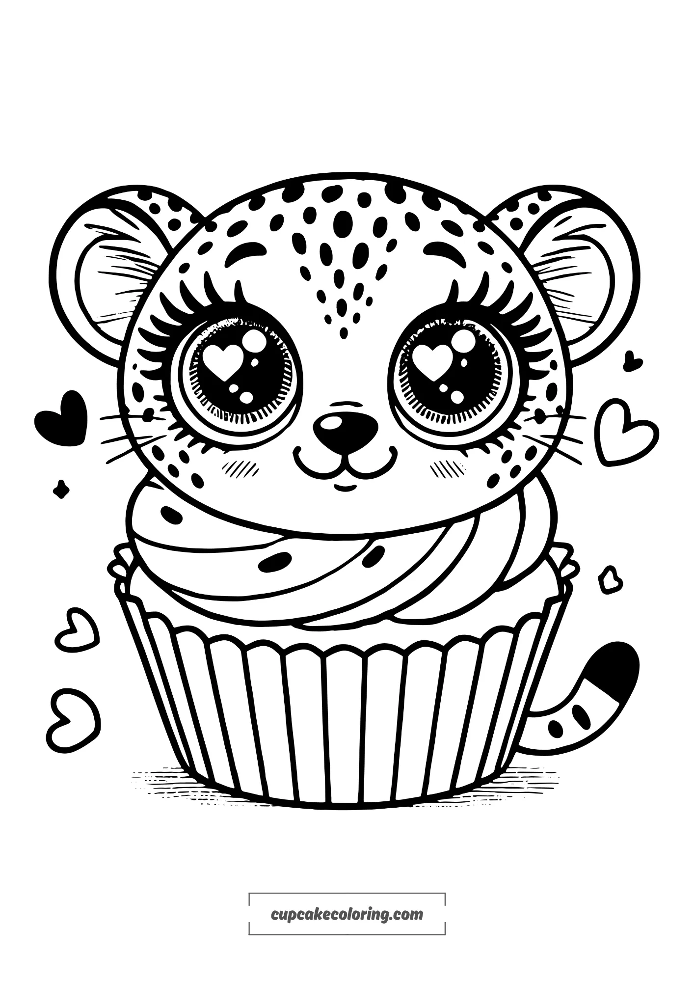 cheetah cupcake coloring page. The cupcake has a topping shaped like an adorable and humorous cheetah head