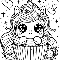 chubby unicorn cupcake with long hair coloring page free to print