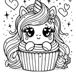 chubby unicorn cupcake with long hair coloring page free to print