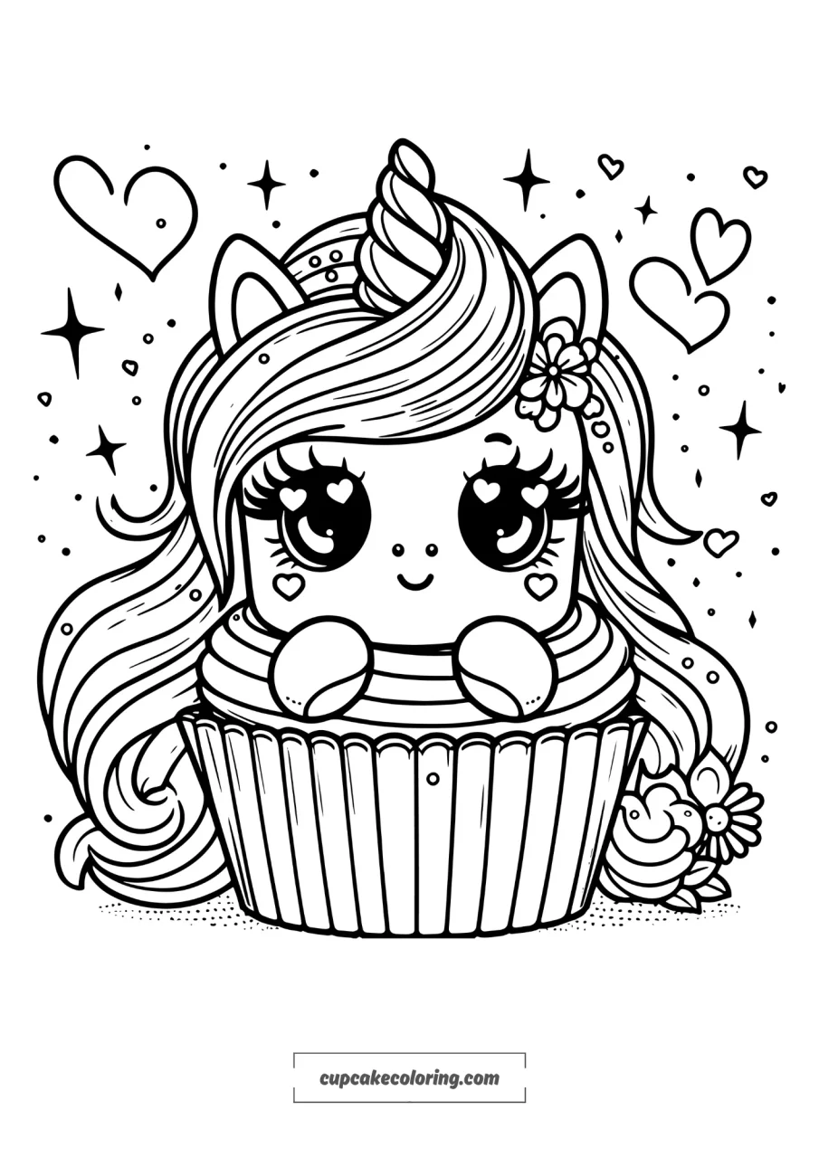 chubby unicorn cupcake with long hair coloring page free to print