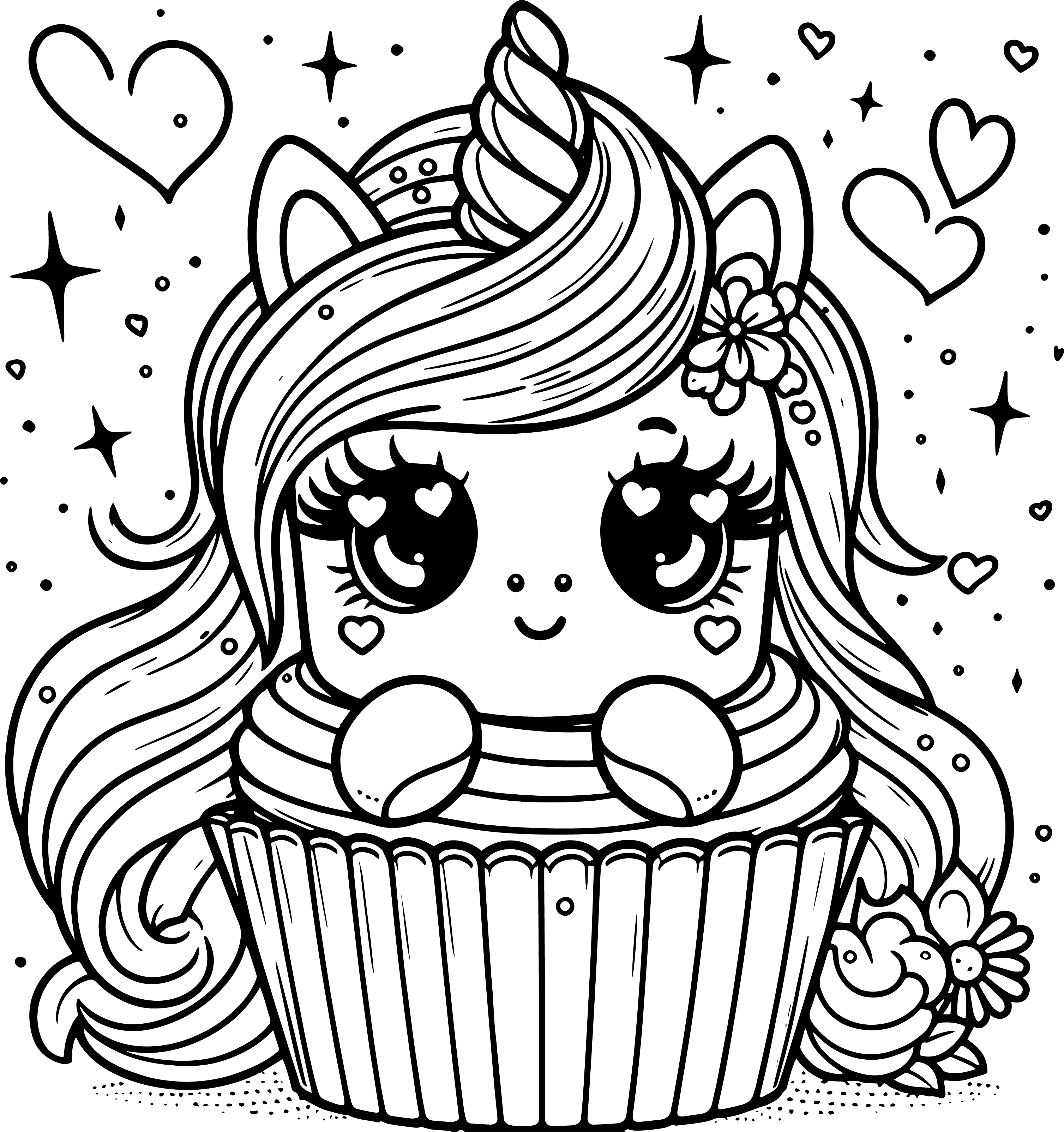 chubby unicorn cupcake with long hair coloring page free to print