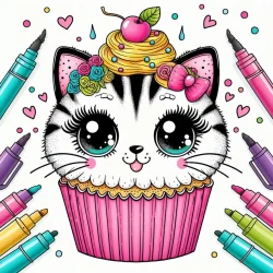 coloring page of cupcake cat with cream and cherry on top adorable picture to color