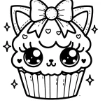 cupcake page to color with kitty ears on top and a bow easy to color for toddlers, children age 2, 3, 4 ,5 6