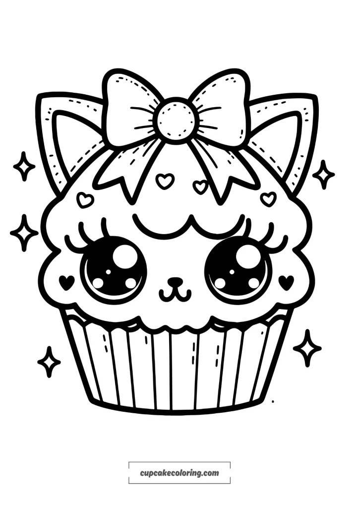 cupcake page to color with kitty ears on top and a bow easy to color for toddlers, children age 2, 3, 4 ,5 6