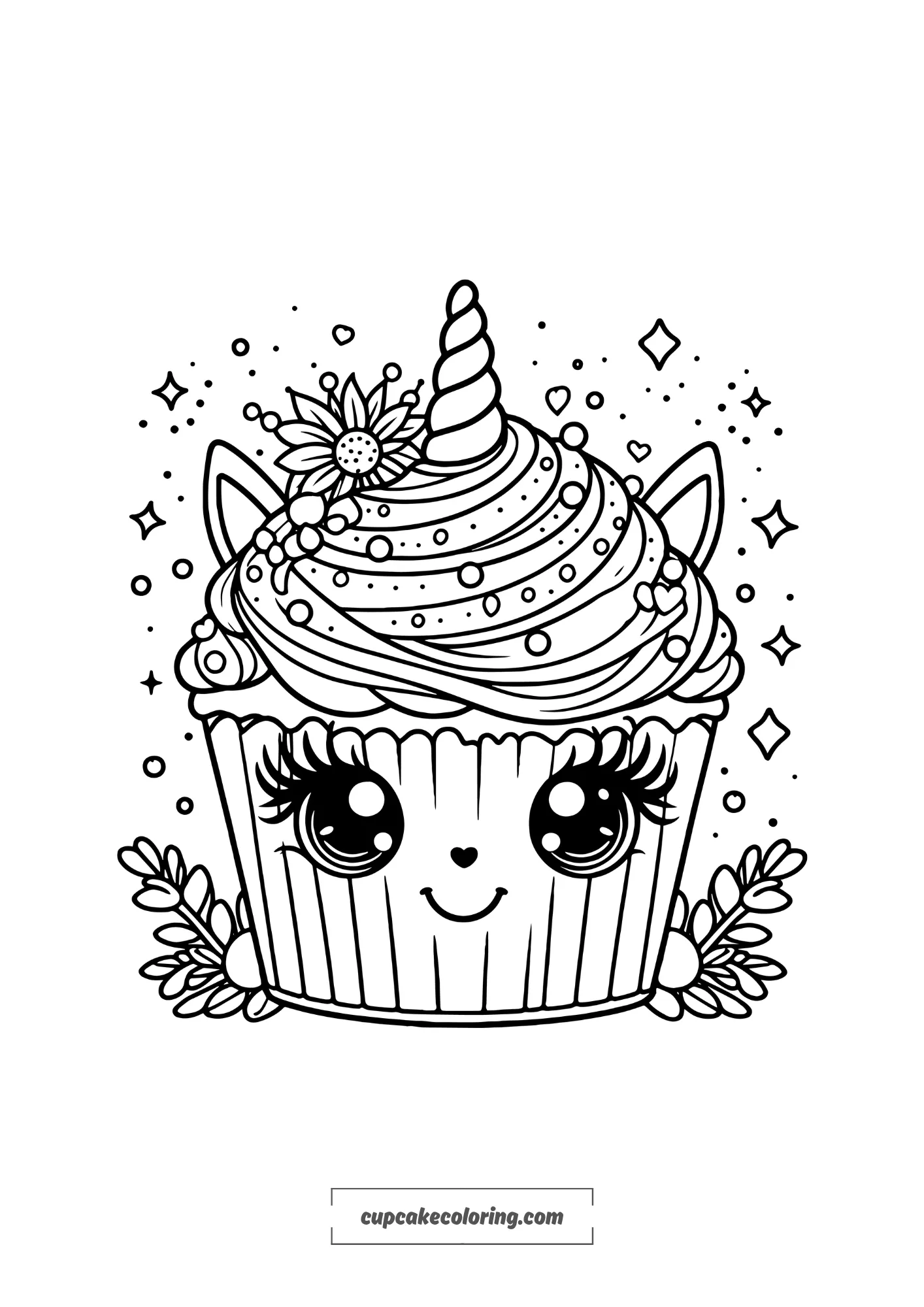 cute and enchanting cupcake unicorn coloring page with flowers_result