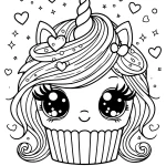 cute and enchanting cupcake unicorn coloring page with long hair