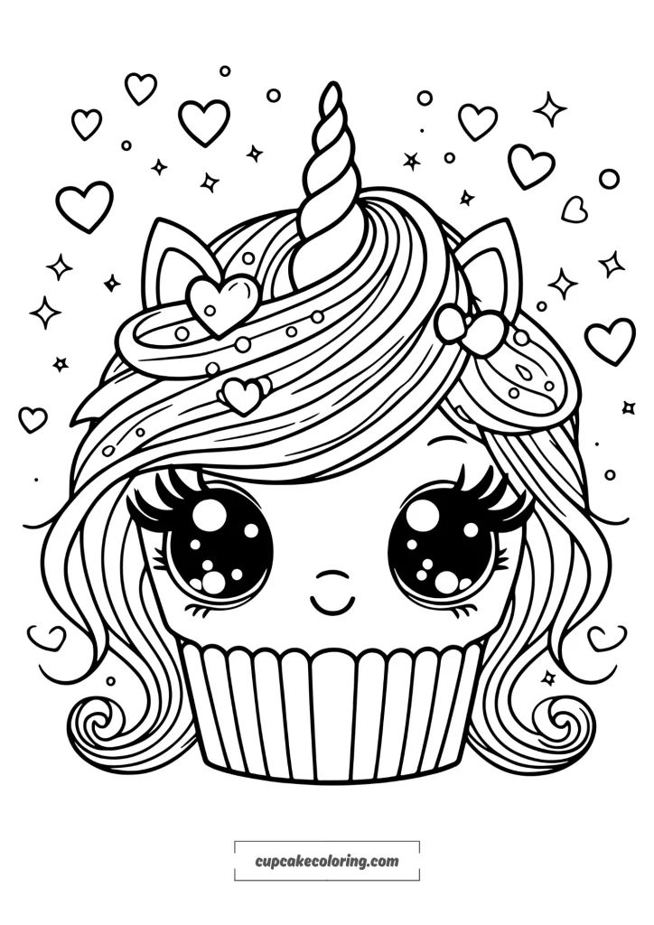 cute and enchanting cupcake unicorn coloring page with long hair