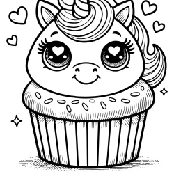 cute and extra funny unicorn cupcake coloring page. The cupcake has a topping shaped like an adorable unicorn head