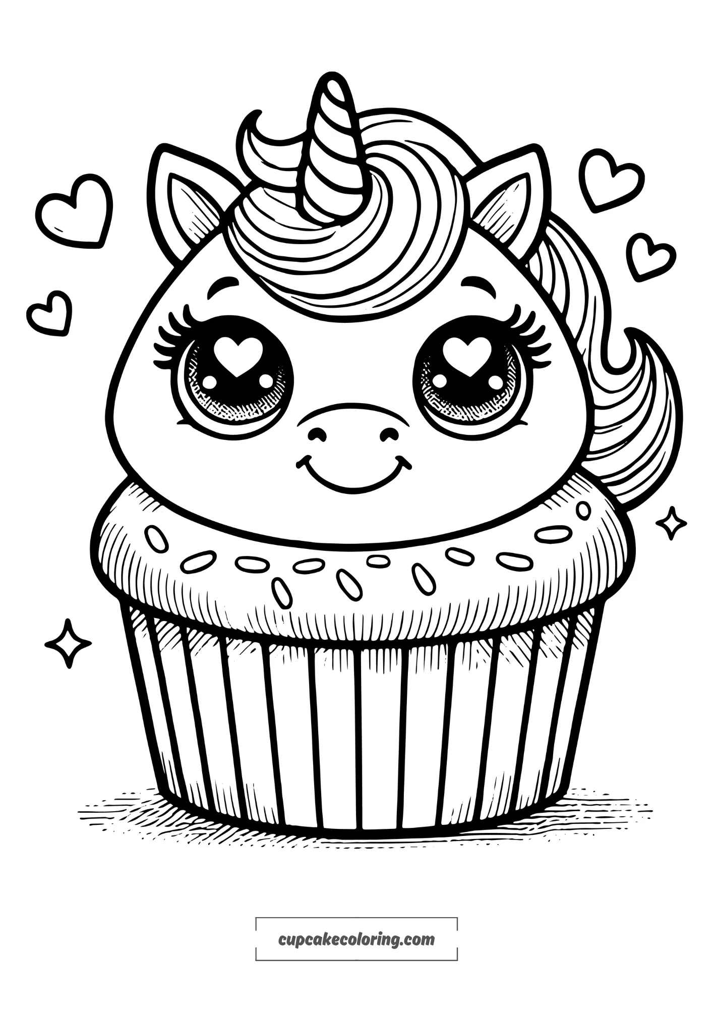 cute and extra funny unicorn cupcake coloring page. The cupcake has a topping shaped like an adorable unicorn head