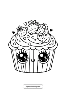 cute cupcake coloring page with berryes on top with a cookie with eyes
