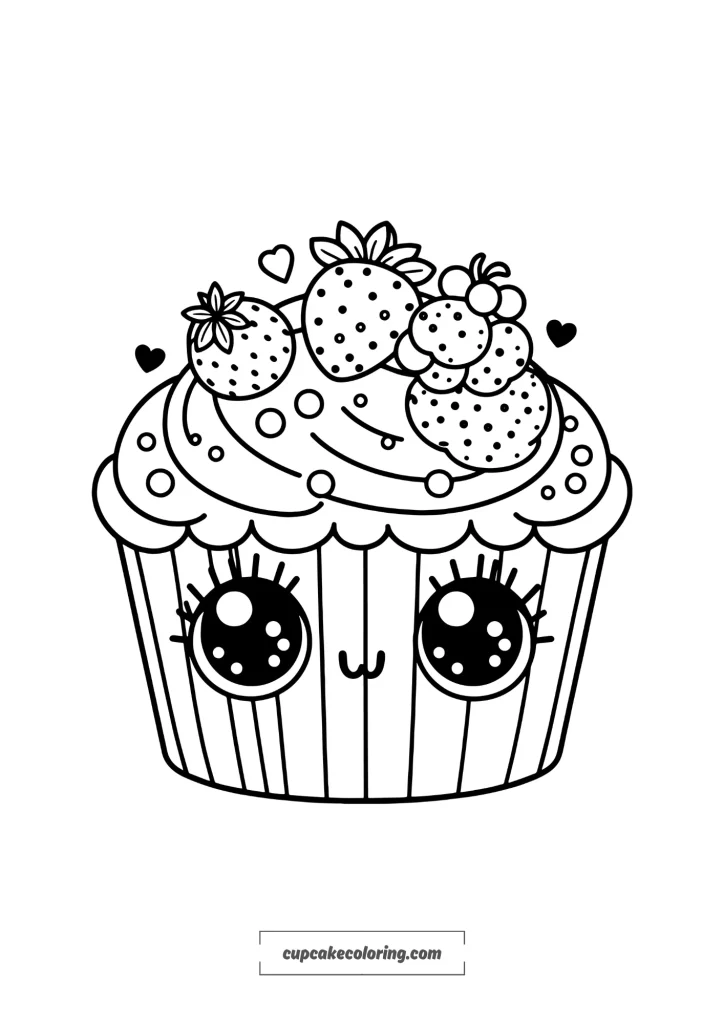 cute cupcake coloring page with berryes on top with a cookie with eyes_result