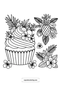 cute cupcake coloring page with flowers and summer picture to color for adults