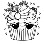 cute cupcake coloring page with fruits on top – strawberry lemon cherry free to print