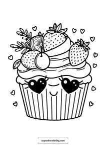 cute cupcake coloring page with fruits on top - strawberry lemon cherry free to print