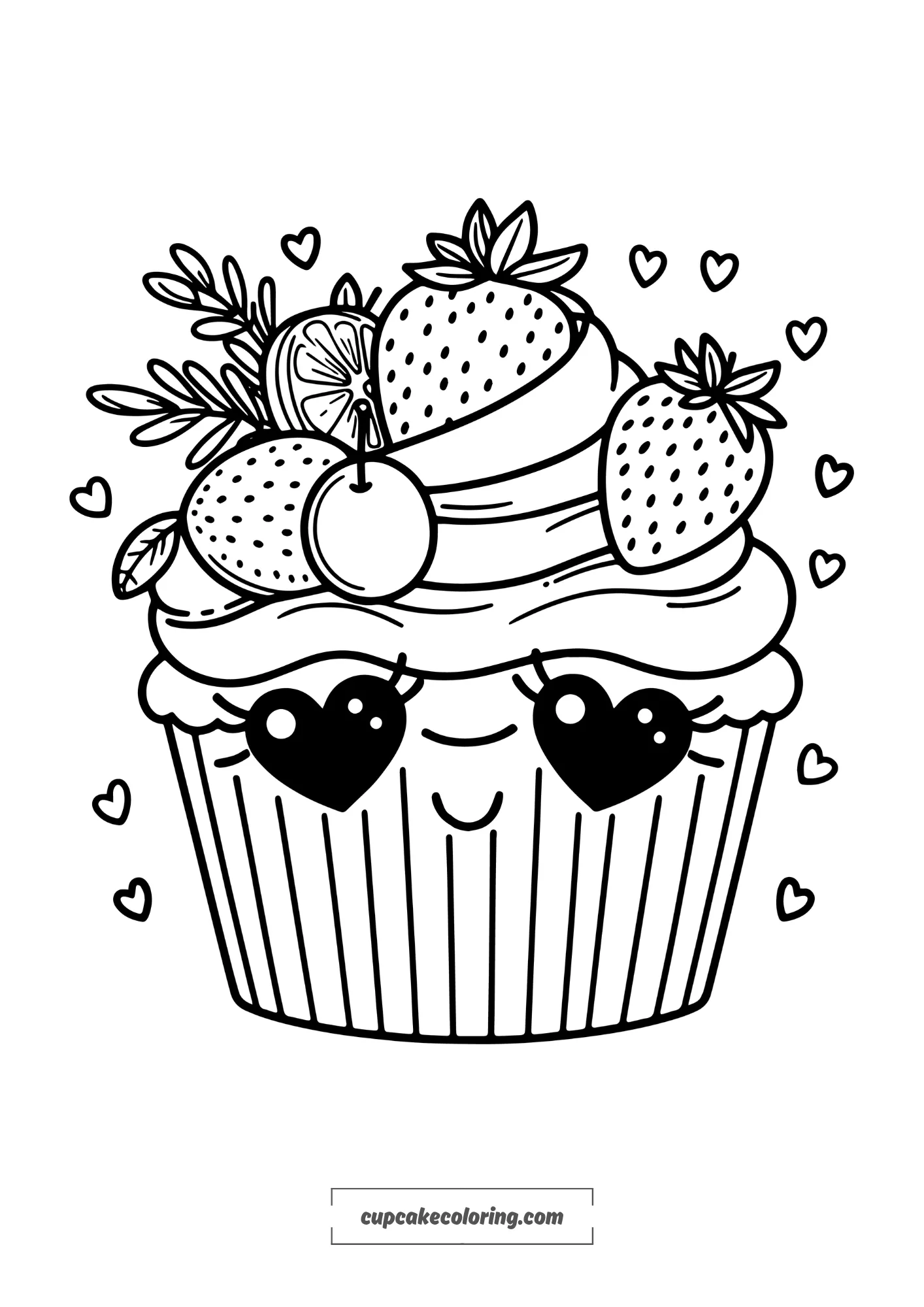 cute cupcake coloring page with fruits on top – strawberry lemon cherry free to print