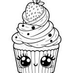 cute cupcake picture to color with strawberry topping and cute eyes