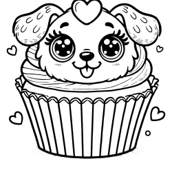 cute dog cupcake coloring page. The cupcake has a topping shaped like an adorable and humorous dog head