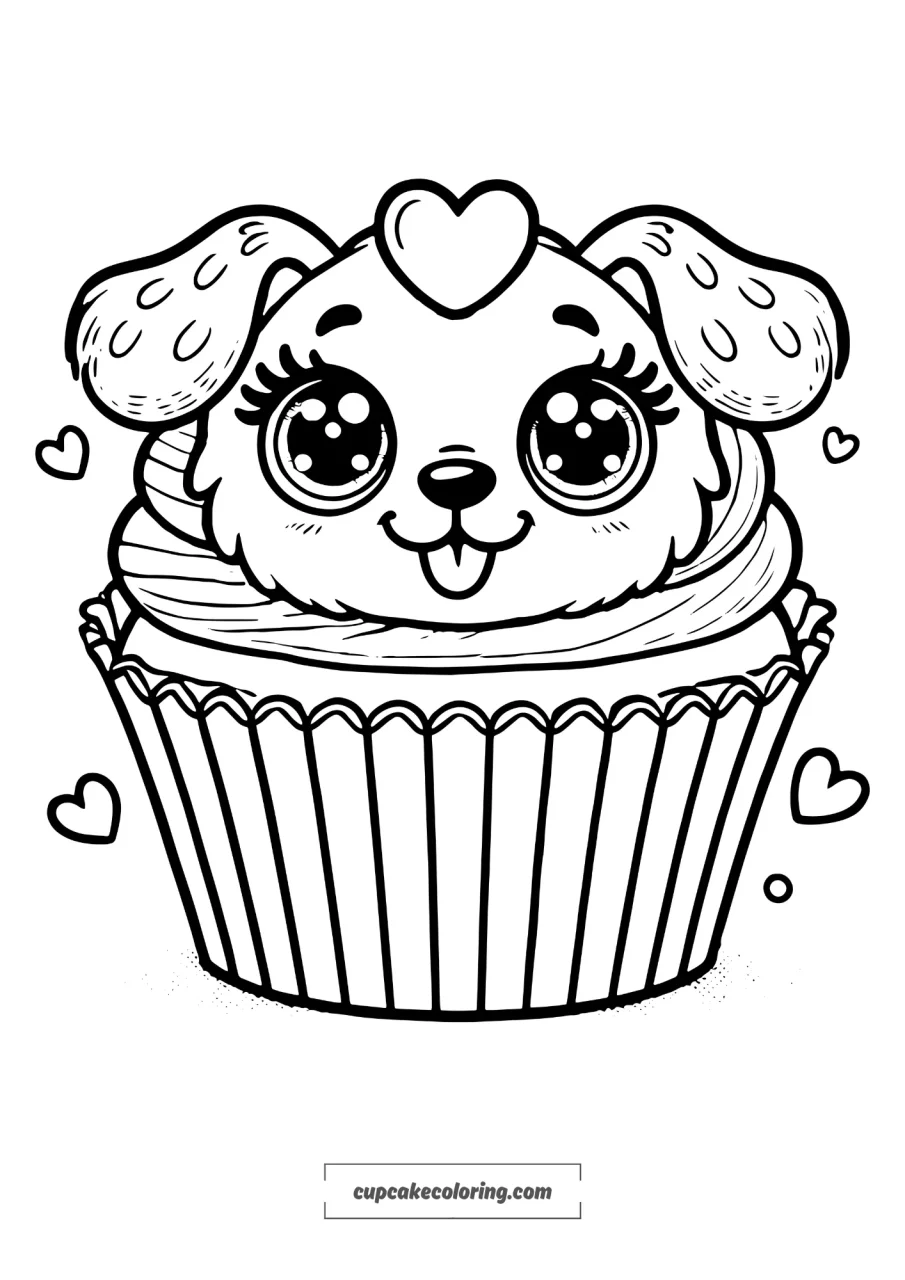 cute dog cupcake coloring page. The cupcake has a topping shaped like an adorable and humorous dog head