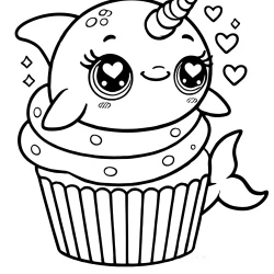 cute dolphin cupcake coloring page with a unicorn horn. The cupcake has a topping shaped dolphin