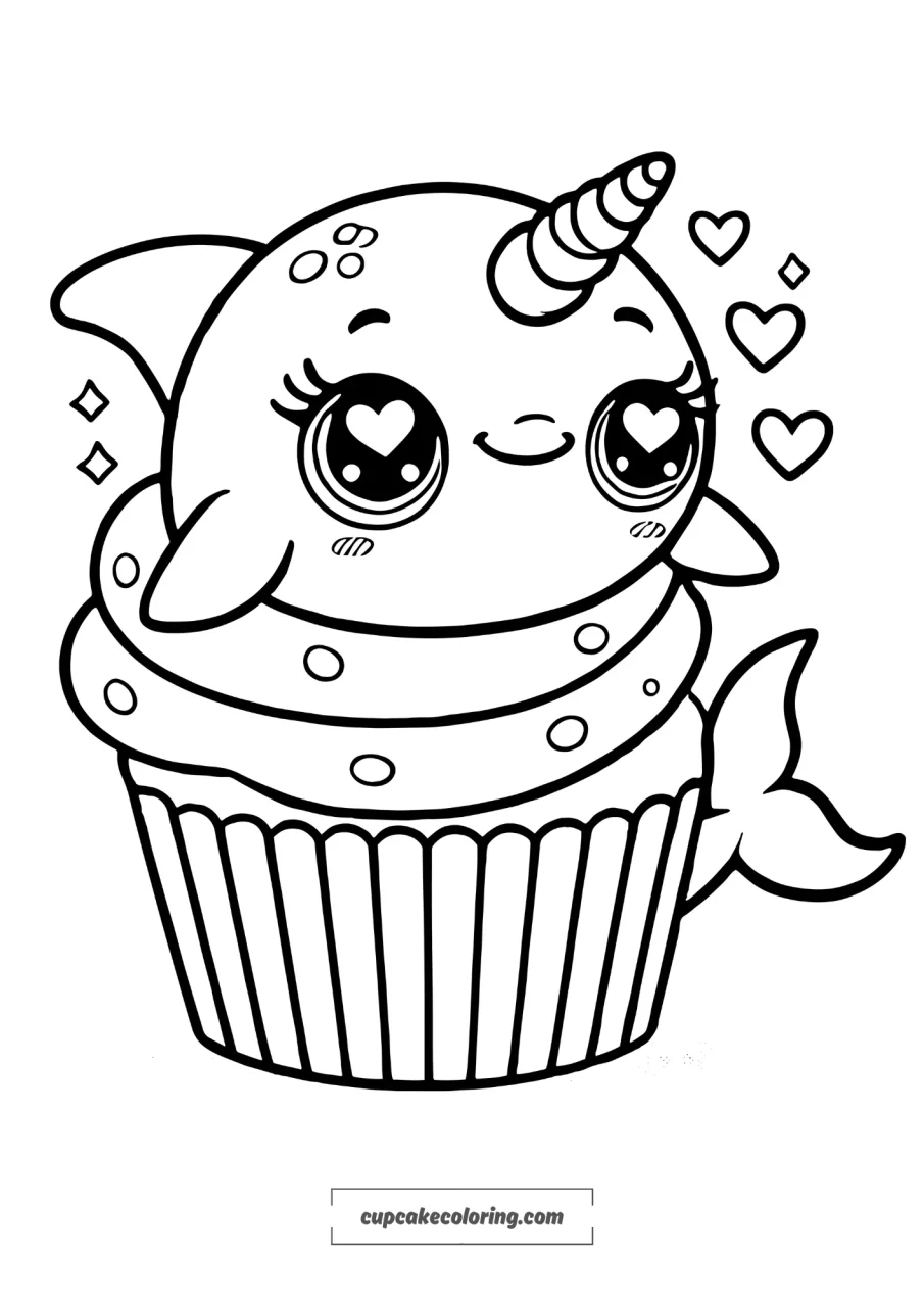 cute dolphin cupcake coloring page with a unicorn horn. The cupcake has a topping shaped dolphin