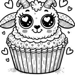 cute goat cupcake coloring page. The cupcake has a topping shaped like an adorable and funny goat head