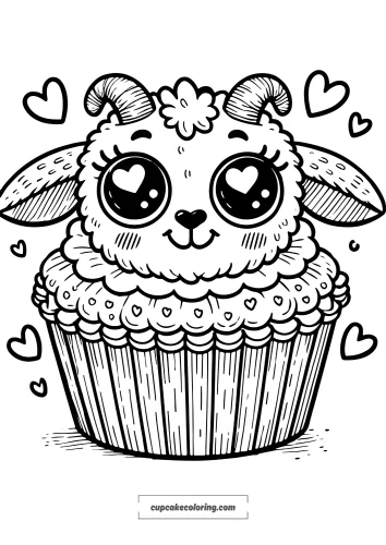 cute goat cupcake coloring page. The cupcake has a topping shaped like an adorable and funny goat head