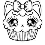 cute kitty cupcake image to color, blank picture for children age 2, 3, 4, 5, 6.