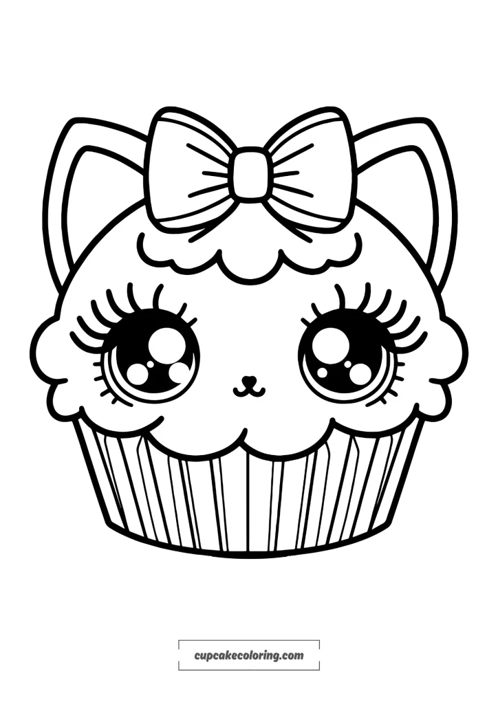 cute kitty cupcake image to color, blank picture for children age 2, 3, 4, 5, 6.